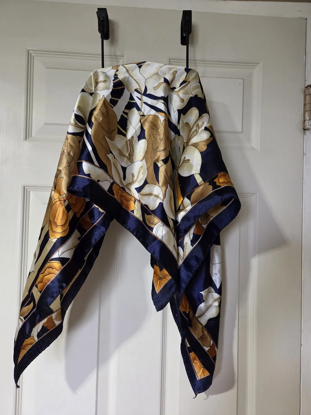 Silk Floral Scarf in Navy and Gold